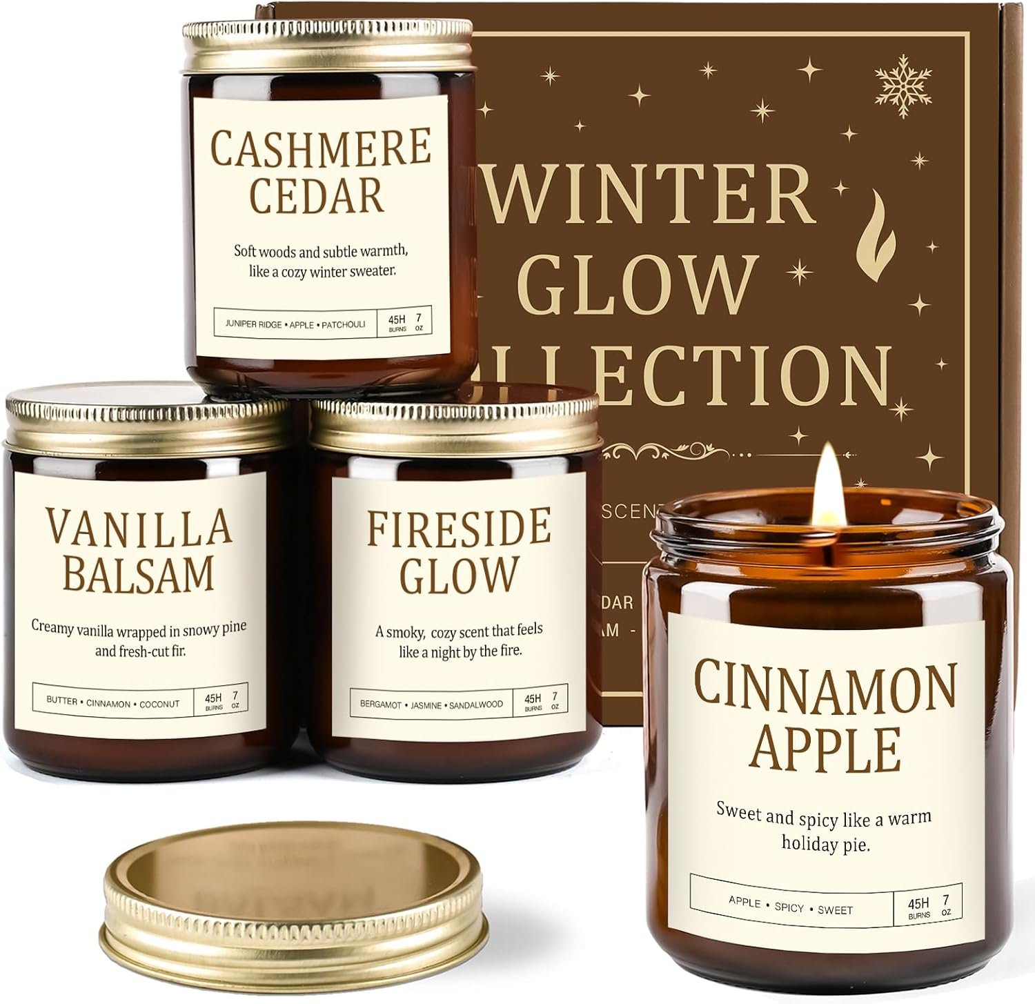 Christmas Candles Gift Set for Women - 4 Pack Scented Soy Candles with Cashmere Cedar, Fireside Glow, Cinnamon Apple & Vanilla Balsam, Long Lasting Holiday Winter Gifts for Home