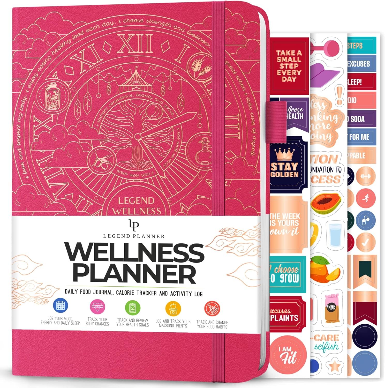 Legend Wellness Planner & Food Journal – Daily Diet & Health Journal with Weight Loss, Measurement & Exercise Trackers – Lifestyle & Nutrition Diary – Lasts 6 Months, A5 size – Hot Pink